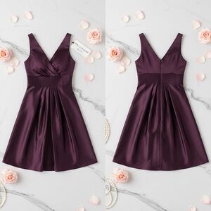 Bill Levkoff Deep Plum Satin V-Neck Pleated Midi Dress